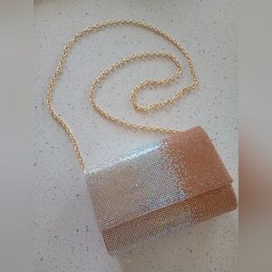 Jessica McClintock Rose Gold Silver Ombre Crystal Crossbody Bag with Gold Chain